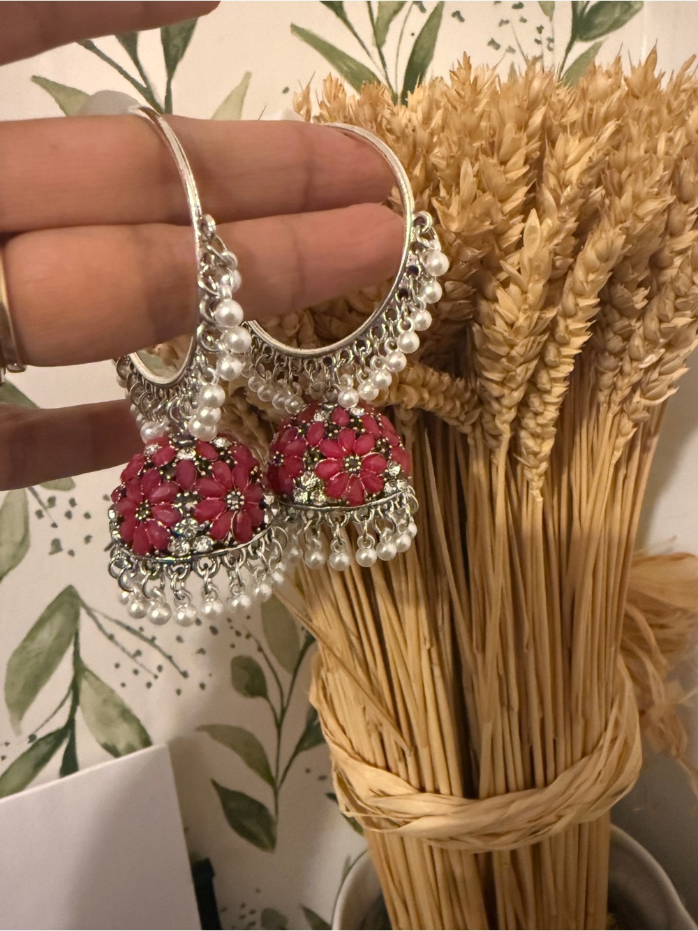 Silver Hoop Jhumka Earrings with Pink Floral Accents